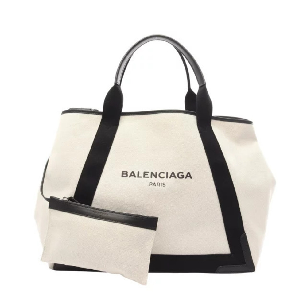 Balenciaga Navy Blue Cabas Tote Bag Canvas Leather White Black